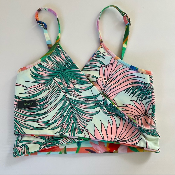 Maaji Forro BIKINI TOP Floral Tropical Colorful Teal Pink Palms Halter Wrap L - Picture 3 of 6